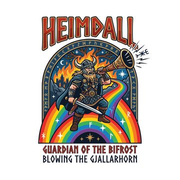 Illustration of Heimdall Norse god blowing the horn Gjallarhorn on the rainbow Bifrost bridge.