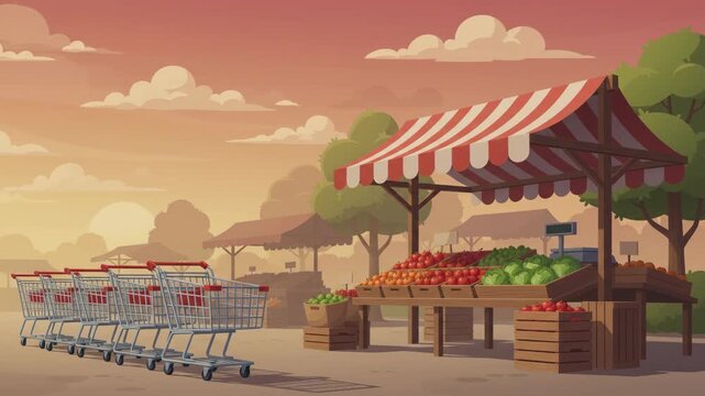 Outdoor market scene with fresh produce stalls and shopping carts at sunset, depicting a vibrant local commerce setting.