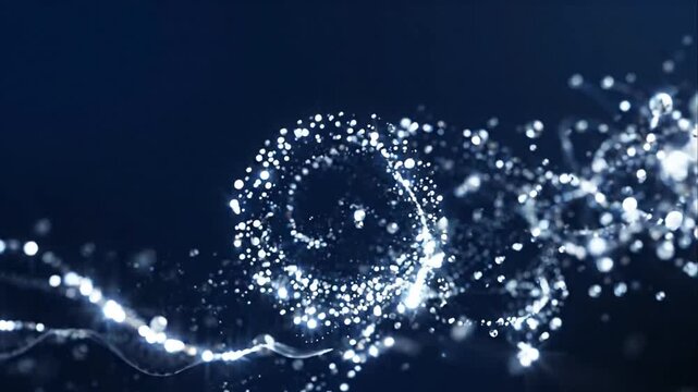 Abstract Blue Water Droplet Spiral with Luminous Sparkle, Liquid Particle Flow and Elegant Wave Motion Creating Serene Atmospheric Background for Modern Design Backdrops