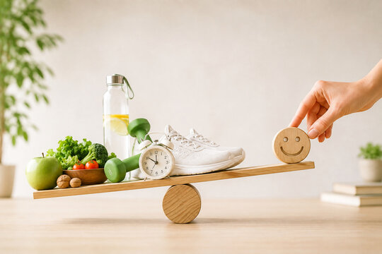 Healthy Lifestyle Balance Concept with Nutrition, Exercise, Hydration and Wellbeing