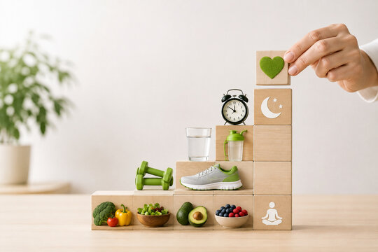 Healthy Lifestyle Balance Concept with Nutrition, Exercise, Hydration and Wellbeing