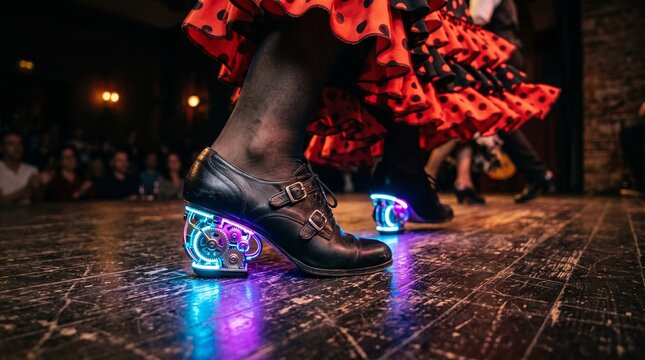 detailed Macro photo of robot dancer stamping feet 2k showing abstract micro structural details and textures with professional studio lighting