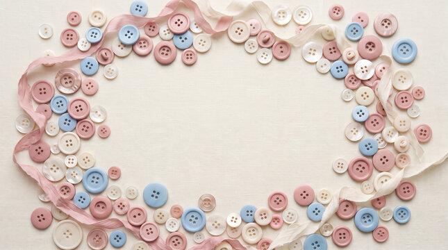 Frame made of pink and blue sewing buttons and silk ribbons on a light beige fabric background