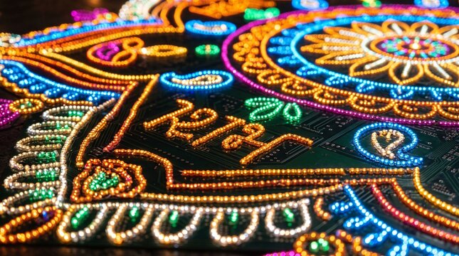 detailed Macro photo of glowing led rangoli pattern 2k showing abstract micro structural details and textures with professional studio lighting