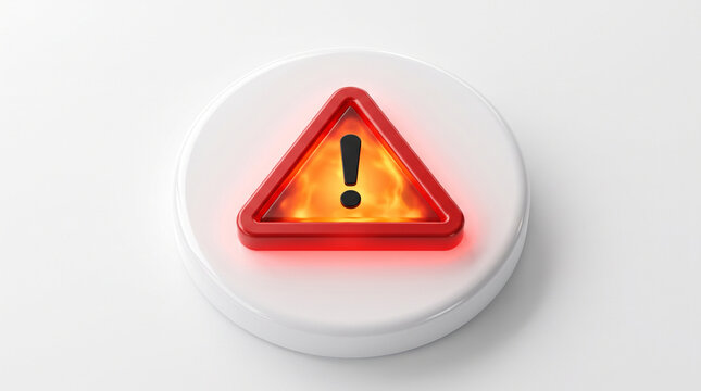 3d render of a glowing red warning triangle sign with an exclamation mark, set on a circular white button, isolated on white background
