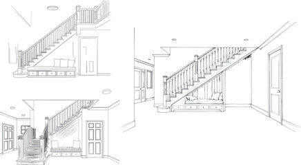 Fototapeta premium Modern Wooden Staircase Interior Line Art Vector Illustration Featuring Under Stairs Nook Bench For Architectural Home Design Presentation