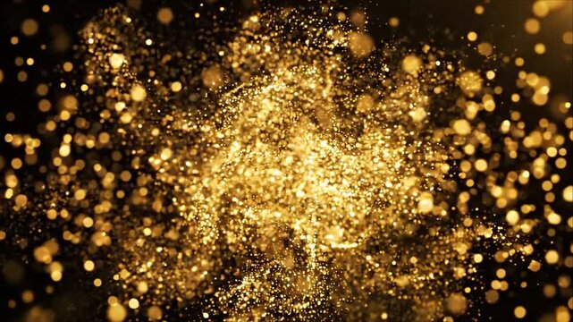 Golden glitter particle abstract background with sparkling dust cloud, radiant bokeh, glowing light, and dramatic golden explosion creating luxurious festive energy, texture, and dynamic motion dark