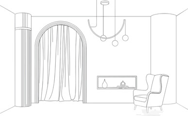 Fototapeta premium Refined Modern Room Interior featuring Arched Curtain Entrance Wingback Armchair and Curved Chandelier Line Art Vector Illustration