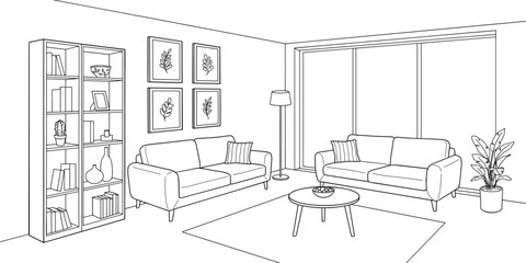 Fototapeta premium Spacious contemporary living room sketch featuring two sofas bookshelf framed artwork floor lamp and large window vector