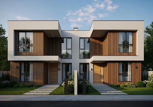 Modern duplex house exterior with wooden paneling and white concrete walls under blue sky