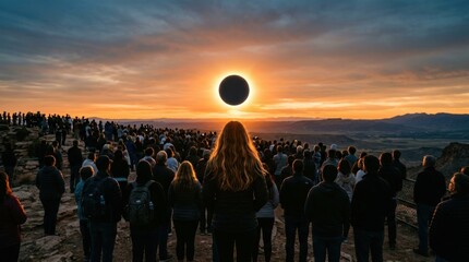 Fototapeta premium A crowd of people stands on a rocky overlook watching a dramatic solar eclipse as the sun dips low above the horizon with warm golden light