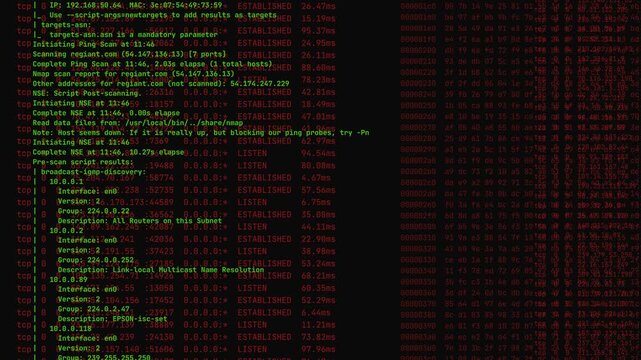 Network terminal code characters scrolling glitch shifting green and red font on black background for hacking visual overlay.