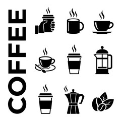 Fototapeta premium Comprehensive coffee icon set featuring beverage symbols, caffeine elements, and various hot drinks with essential espresso equipment for cafe