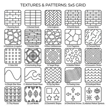 A collection of texture patterns in a 5x5 grid featuring seamless swatches, geometric icons, and line art set for graphic design and architectural