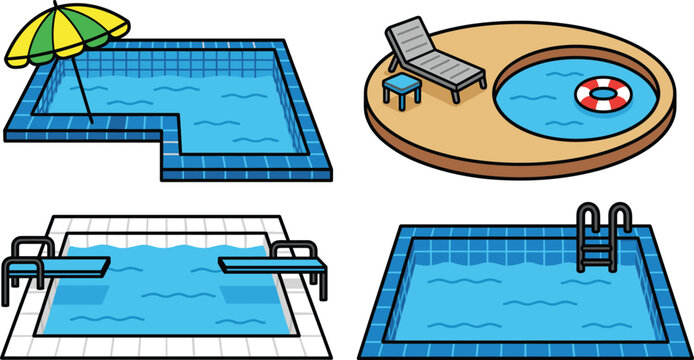 Cartoon Swimming Pool Set with Umbrella, Lounge Chair, Diving Board, and Ladder for Summer and Vacation Designs