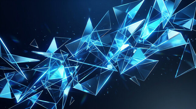 Abstract Geometric Blue Glass Background with Floating Glowing Crystal Triangles and Sharp Shards