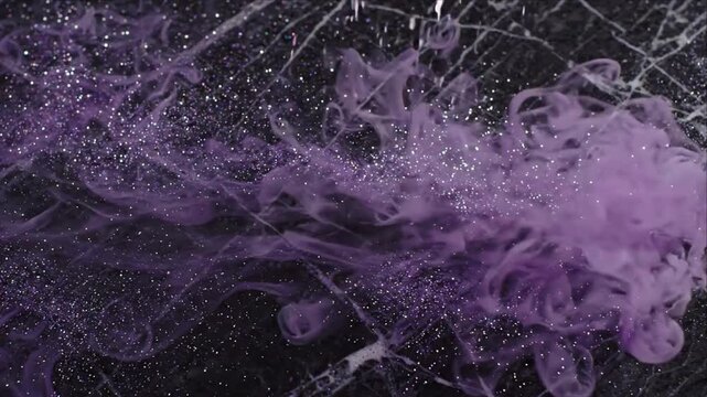 Purple Ink Cloud, Abstract Background with Fluid Swirl Motion Across Liquid Water, Sparkling Particles, White Veins, Suspended Droplets, Dark Stone Texture, Dramatic Luxury Design