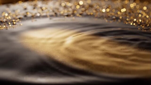 Golden Ripple Abstract Background with Water Reflection, Shimmering Highlights, Fluid Wave Surface, Liquid Droplets, Warm Bokeh and Elegant Cinematic Atmosphere for Luxury Creative Design