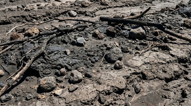 Close-up view of wet mud and scattered sticks.