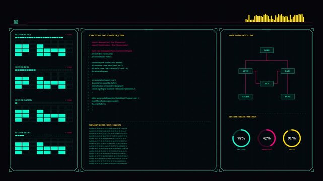 HUD UI Data Dashboard with Cyan Scrolling Text Blocks and Digital Infographic Charts Shifting on Black Background for Cybernetic Technology Interface.