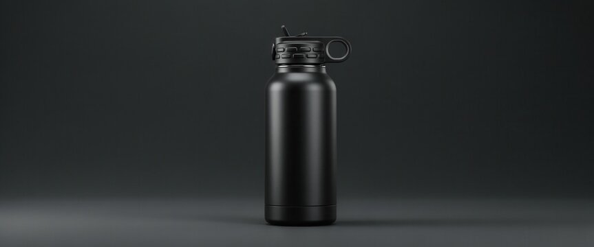 Black insulated water bottle on dark background