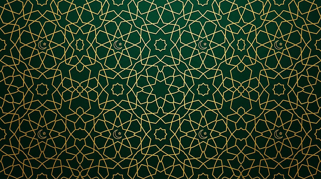 Luxury Gold Islamic Pattern on Dark Green Background with Crescent Moon and Star Elements for Ramadan and Eid Mubarak