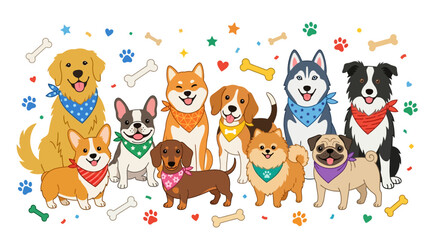Obraz premium Cartoon dogs with colorful bandanas celebrating cheerfully in playful