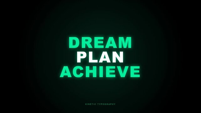 Motivational kinetic typography video featuring the words 'DREAM PLAN ACHIEVE' in a bold green neon glow on a black background, with subtle pulsing light effects.