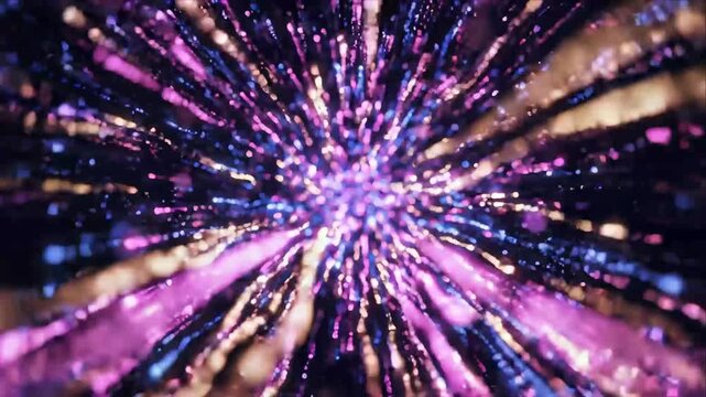 Abstract futuristic background featuring vibrant purple, blue, pink, and violet light streak radiating through radiant glowing center with dynamic motion, particle burst, vivid tunnel depth