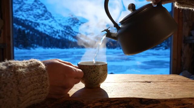Hot tea is poured from a dark kettle into a small cup, steam rising in the sunlight. A serene snowy mountain landscape is visible through the window of a cozy cabin.