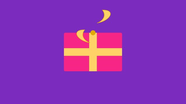 Colorful Motion of Gift Box with Moon and Ribbon on Vibrant Purple Background.