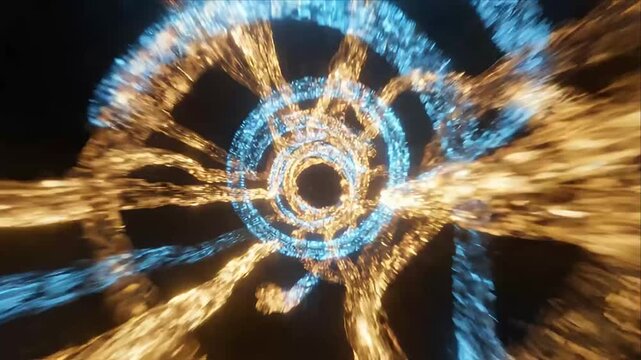 Abstract Blue Gold Light Tunnel Background with Golden Spiral Streaks, Luminous Illumination, Dynamic Motion Blur, Glowing Ring, Energetic Festive Pattern and Modern Design Texture