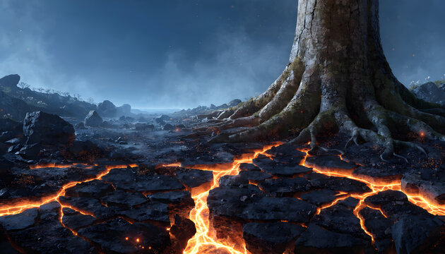 Ancient tree roots over cracked volcanic magma ground. Environmental destruction and global warming concept. Giant tree enduring glowing lava cracks in scorched apocalyptic landscape