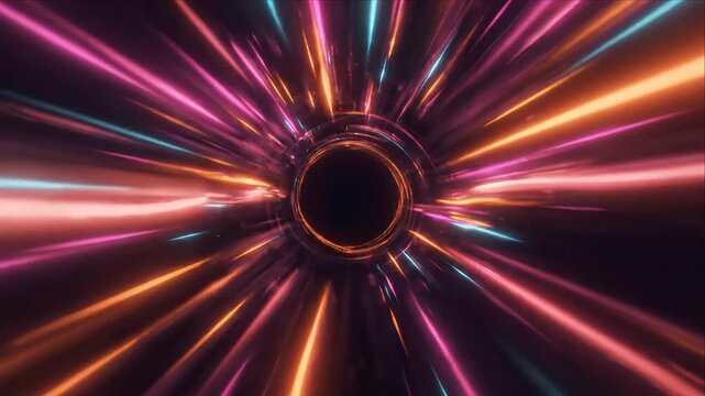 Abstract Neon Light Tunnel with Colorful Motion Streaks Radiating Through Dark Center, Creating Dynamic Futuristic Energy, Dramatic Depth, and Vivid Technology Design Background