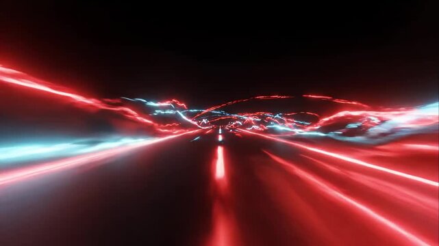 Abstract Long Exposure Background, Red Blue Light Motion Trail Converging Along Dark Road Toward Horizon, Futuristic Speed, Depth, Dynamic Energy, Digital Design Visual, Night Scene