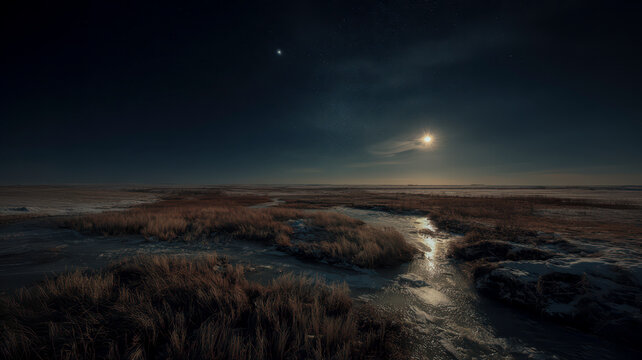 Winter night landscape with glowing full moon and stars