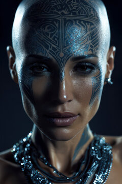 Bald woman with silver tribal face paint looking directly