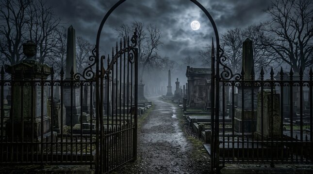 Halloween spooky cemetery gate opens to foggy graveyard with full moon light and ancient tombstones creating eerie atmosphere for holiday celebrations and scary concepts.