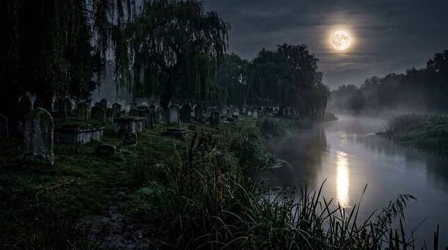 Moonlit spooky cemetery by riverbank with fog and weeping willow trees casting dark shadows creating mysterious atmosphere for Halloween holiday and horror themes.