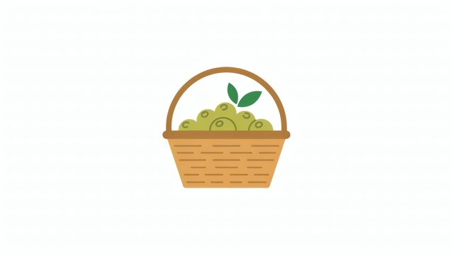 A flat vector illustration of a woven basket filled with fresh green olives on white background with basket