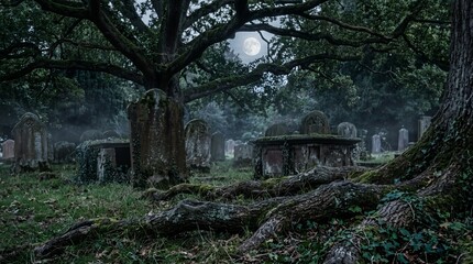 Fototapeta premium Aged tombstones and mausoleums in misty graveyard under large ancient tree and full moon creating a somber and ethereal atmosphere for memorial or Halloween visuals.