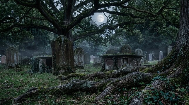 Aged tombstones and mausoleums in misty graveyard under large ancient tree and full moon creating a somber and ethereal atmosphere for memorial or Halloween visuals.