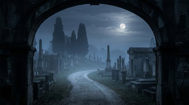 Pathway through misty cemetery with ornate tombs and headstones under a full moon, evoking a sense of history and solemnity for a mysterious and gothic setting.