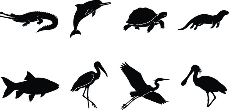 Wild aquatic and river animals silhouette set featuring crocodile dolphin turtle otter fish stork heron spoonbill