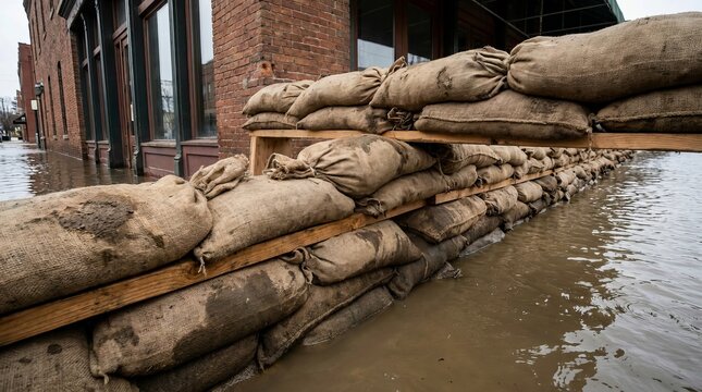 Stacked sandbags guard a building during floodwaters.