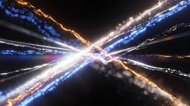 Abstract light trail background with blue golden illumination, symmetrical burst, reflective motion blur, glowing curves and energetic futuristic perspective creating luminous depth for modern design