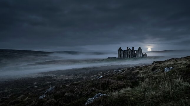 Ruined castle on misty moorland under a large full moon creating an atmospheric and haunting landscape perfect for fantasy or mystery.