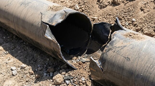 Open section of buried pipe in dusty excavation site
