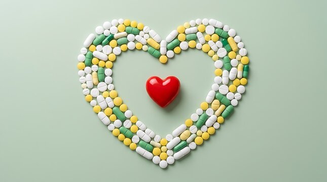 Medical pills and capsules arranged in heart shape on green background for World Pharmacist Day health banner