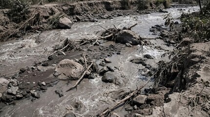 Fototapeta premium Powerful river flow carving through eroded streambed.
